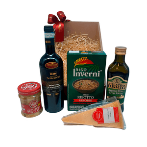 Cesta Presente Risoto, Vinho, Azeite e Queijo - 5 itens