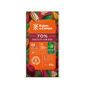 Chocolate 70% Cacau com Nibs Raízes do Campo – 80g