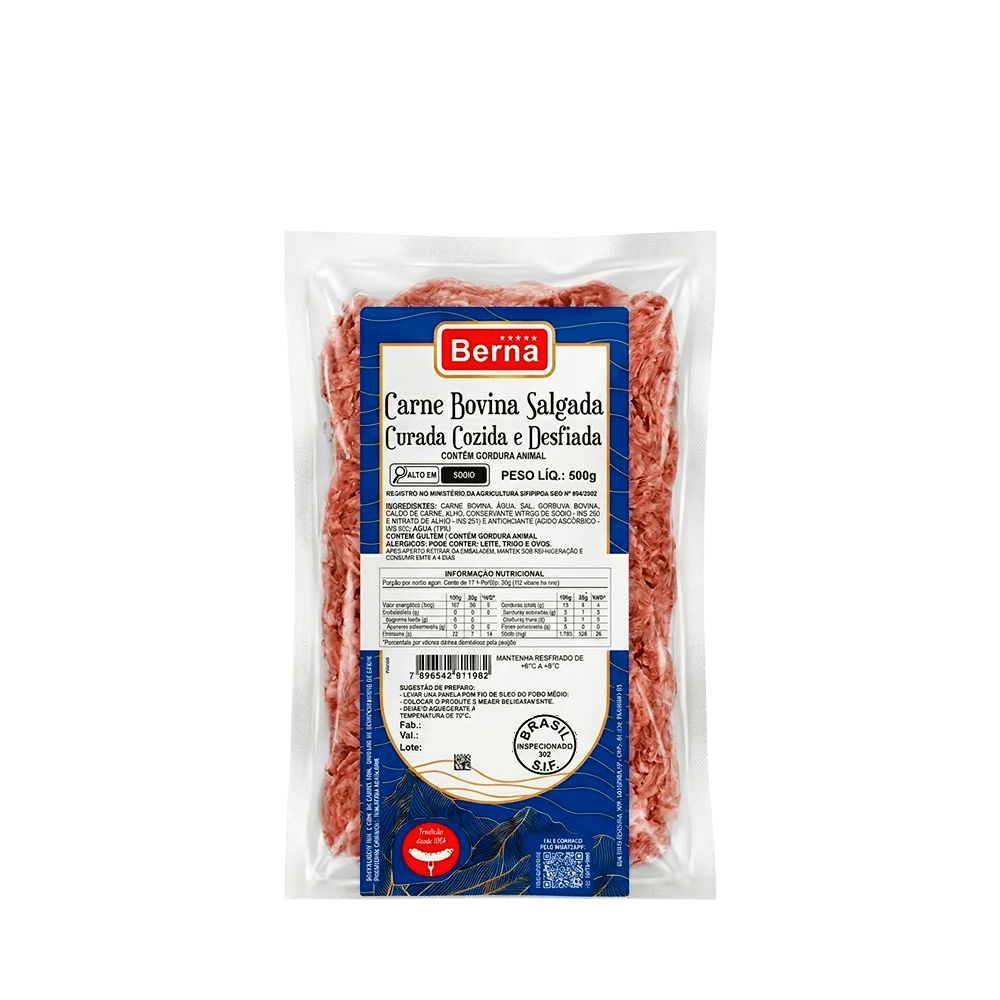 Carne Bovina Salgada Curada Cozida e Desfiada Berna – 500g
